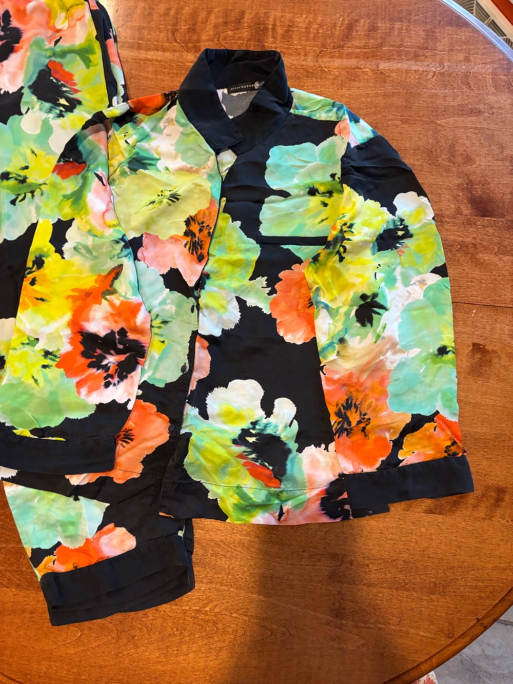 Floral Print Button-Up Blouse — Black with Bright Multicolor Flowers by Natori - Picture 2 of 4